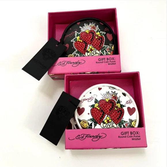 Ed Hardy 2pc Coin Purse Wristlet Set Heart Rhinestone Tattoo Black White NWT - Picture 2 of 6